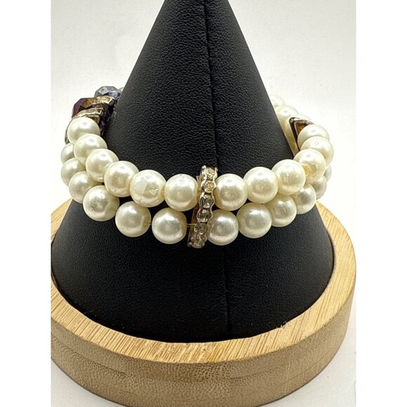 Vintage Faux Pear Purple Bead Stretch Bracelet Double-Strand Rhinestone Accents - Picture 4 of 5